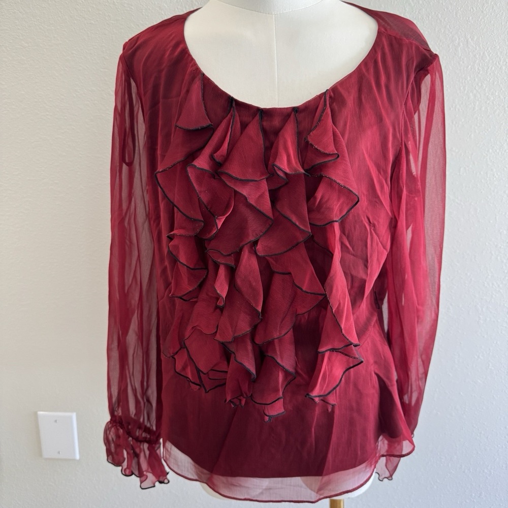Vtg Y2k Dressbarn Red Black Ruffle Front Sheer Dressy Top Dark Fairy Goth Sz 16